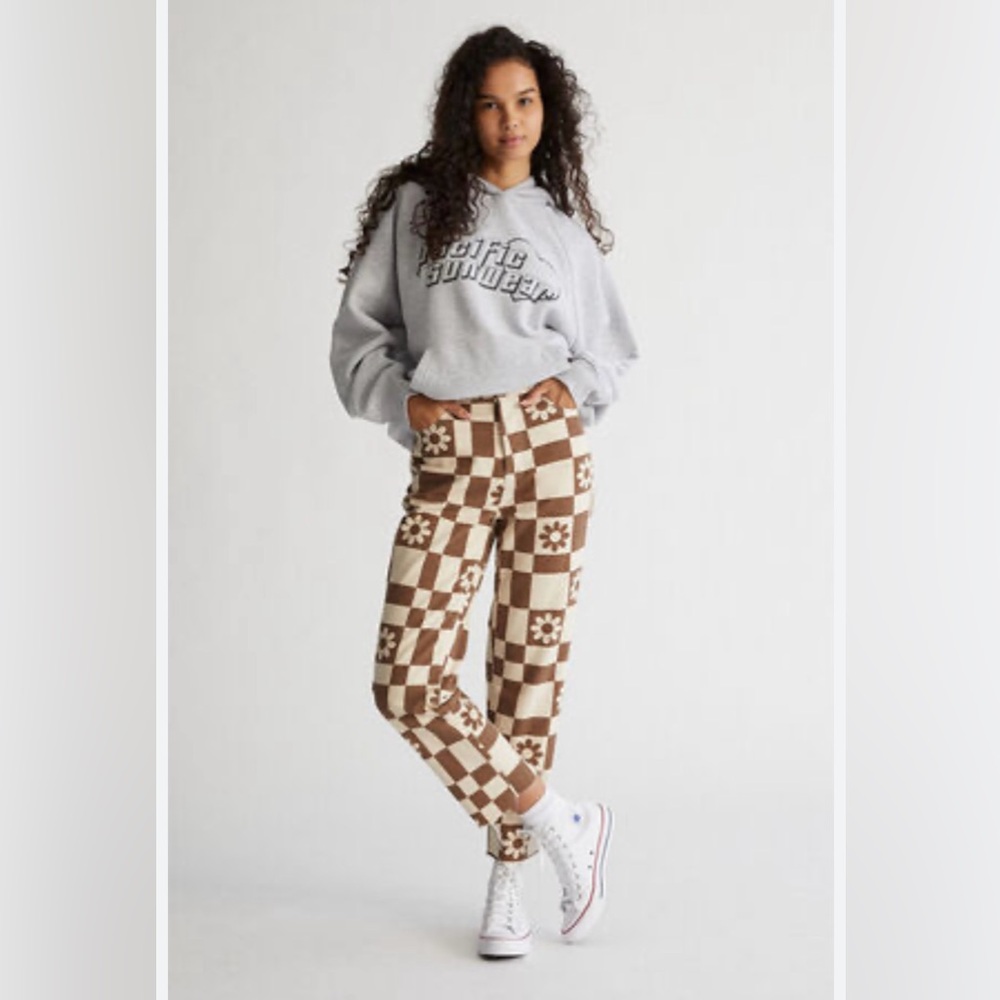 PACSUN ECO FLOWER CHECKERBOARD HIGH WAISTED JEANS